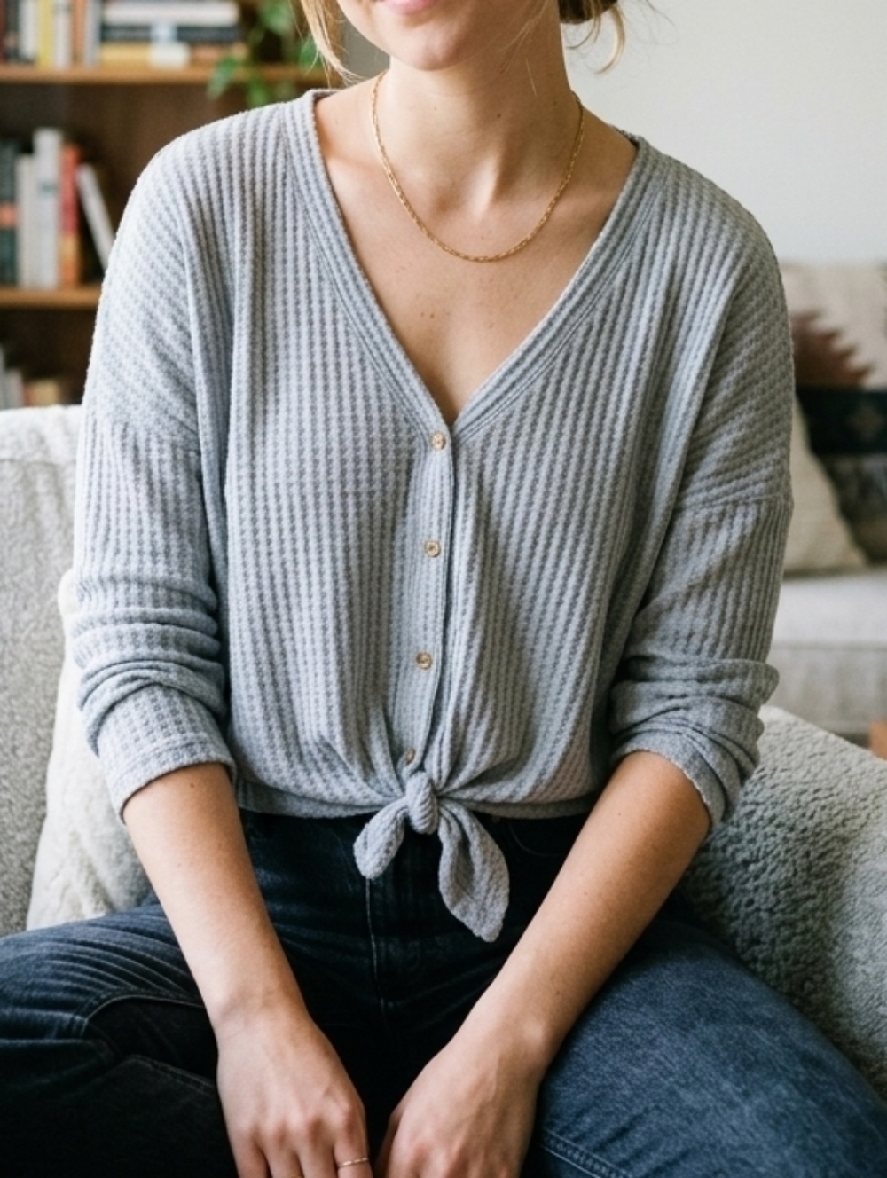 Wishlist Light Gray V-Neck Waffle Knit Button Sweater
